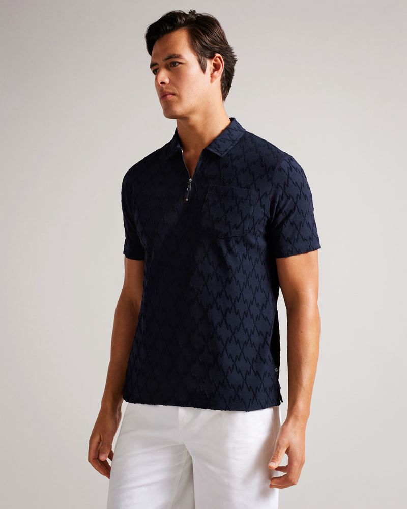 Ted Baker Coram Sleeve Zip Jacquard Polo Blast Herr Marinblå | QLG-231475