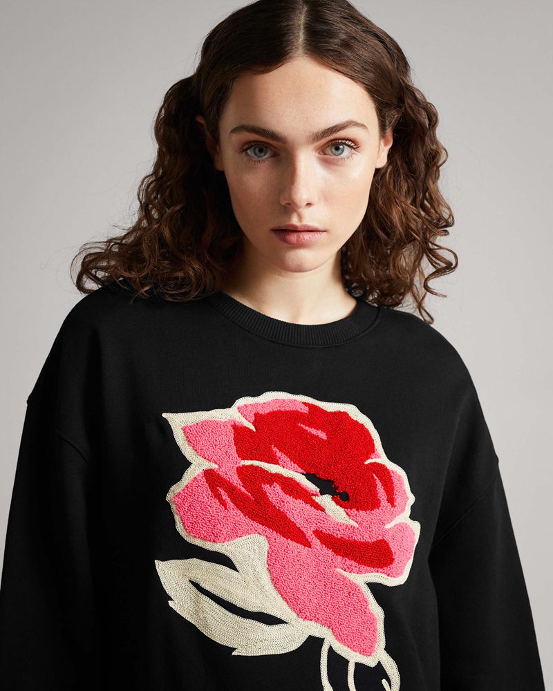 Ted Baker Floesa Flower Sweat Blast Dam Svarta | KXS-659810