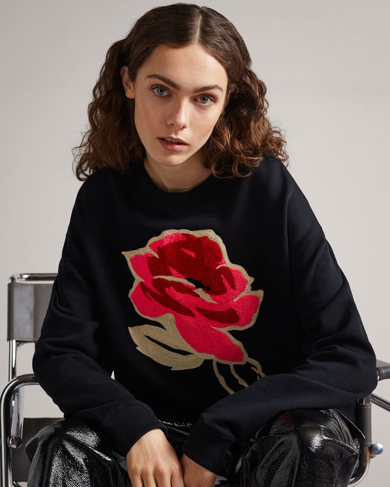 Ted Baker Floesa Flower Sweat Blast Dam Svarta | KXS-659810