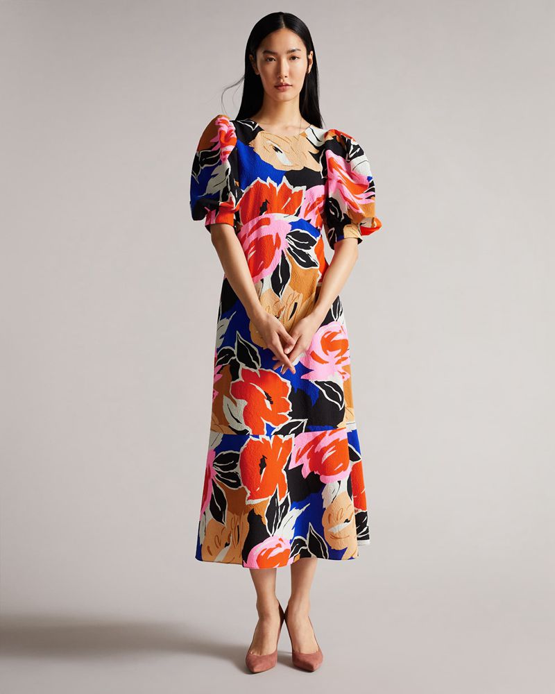 Ted Baker Harpia Floral Print Midi Klänning Dam Svarta | ICD-318072