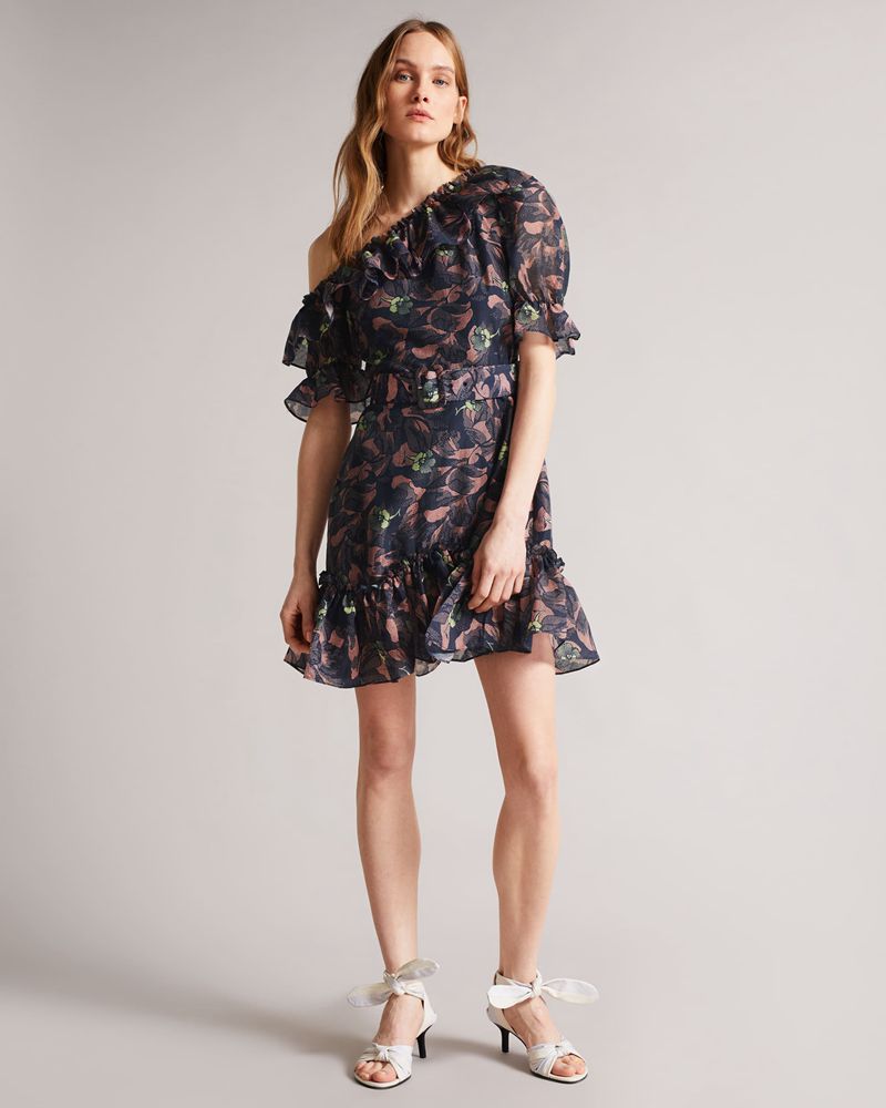 Ted Baker Hazpin Asymmetric Cold Ruffle Mini Klänning Dam Marinblå | PCV-017389