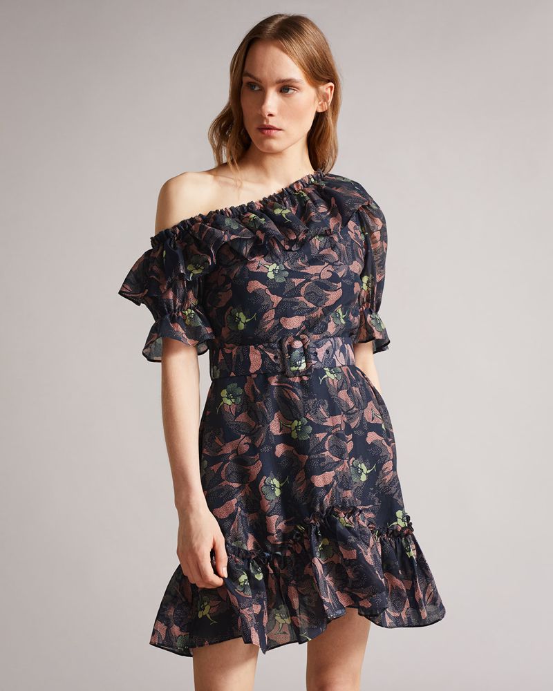 Ted Baker Hazpin Asymmetric Cold Ruffle Mini Klänning Dam Marinblå | PCV-017389