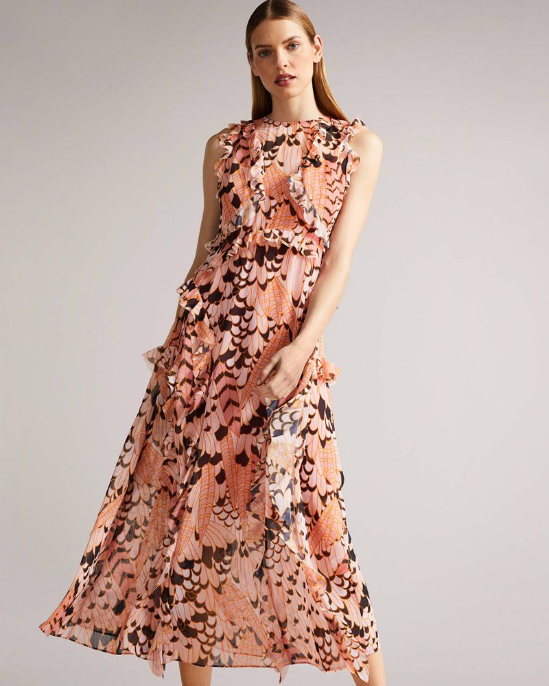 Ted Baker Kayleih Printed Ärmlös Waterfall Midi Klänning Dam Orange | UTB-425396