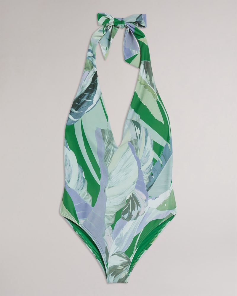 Ted Baker Livosa Leaf Print Halter Swimsuit Badkläder Dam Gröna | DJF-943761