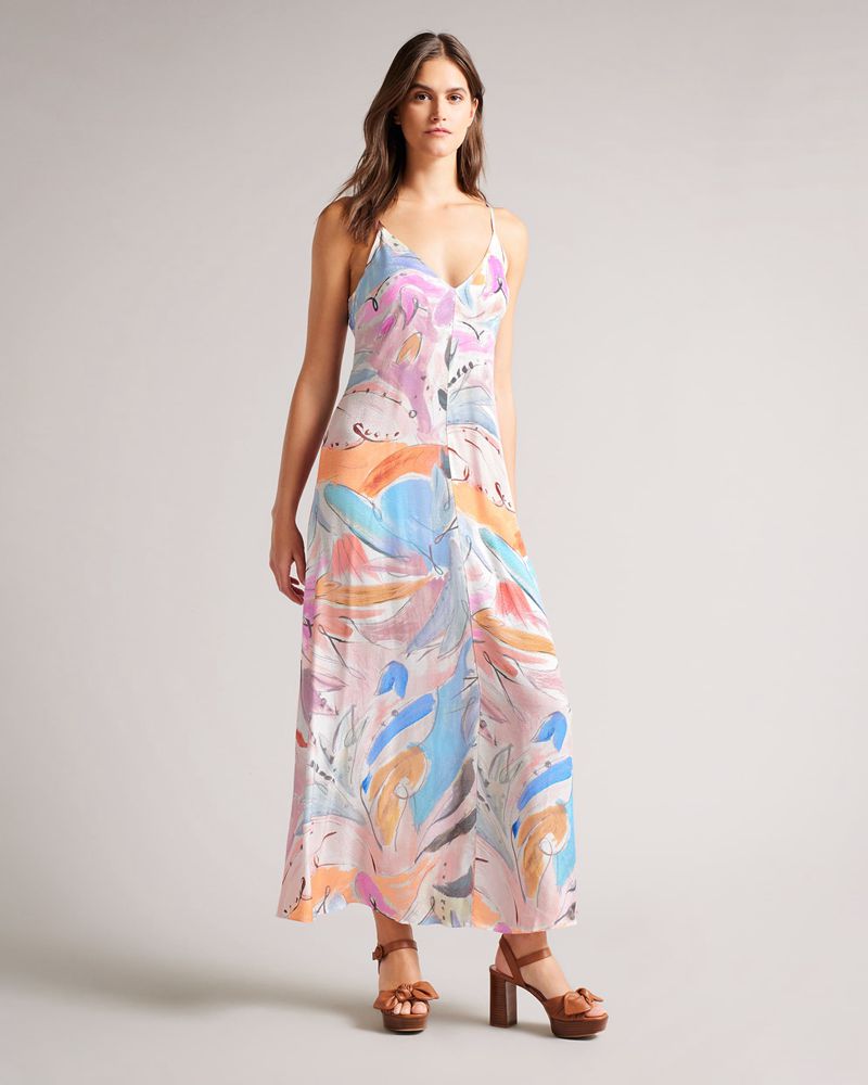 Ted Baker Lizybet Abstract Print Snörade Maxi Klänning Dam Vita | EYA-836917