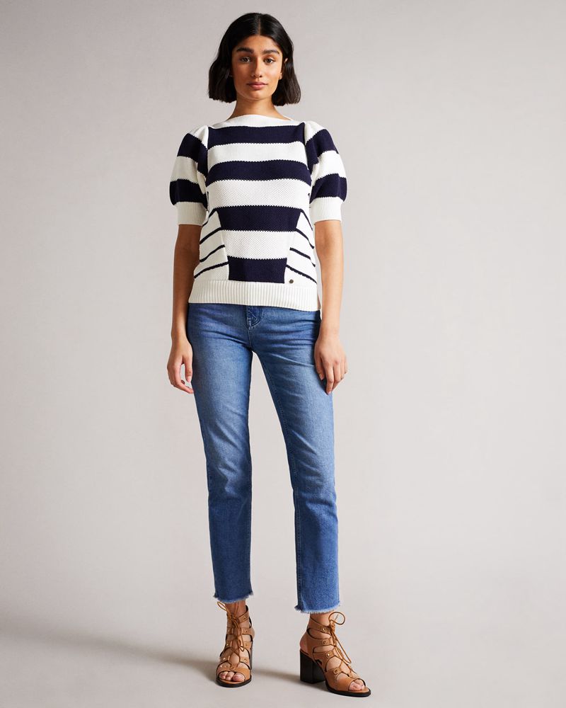 Ted Baker Nessy Striped Puff Sleeve Stickat Dam Vita | MCK-879612