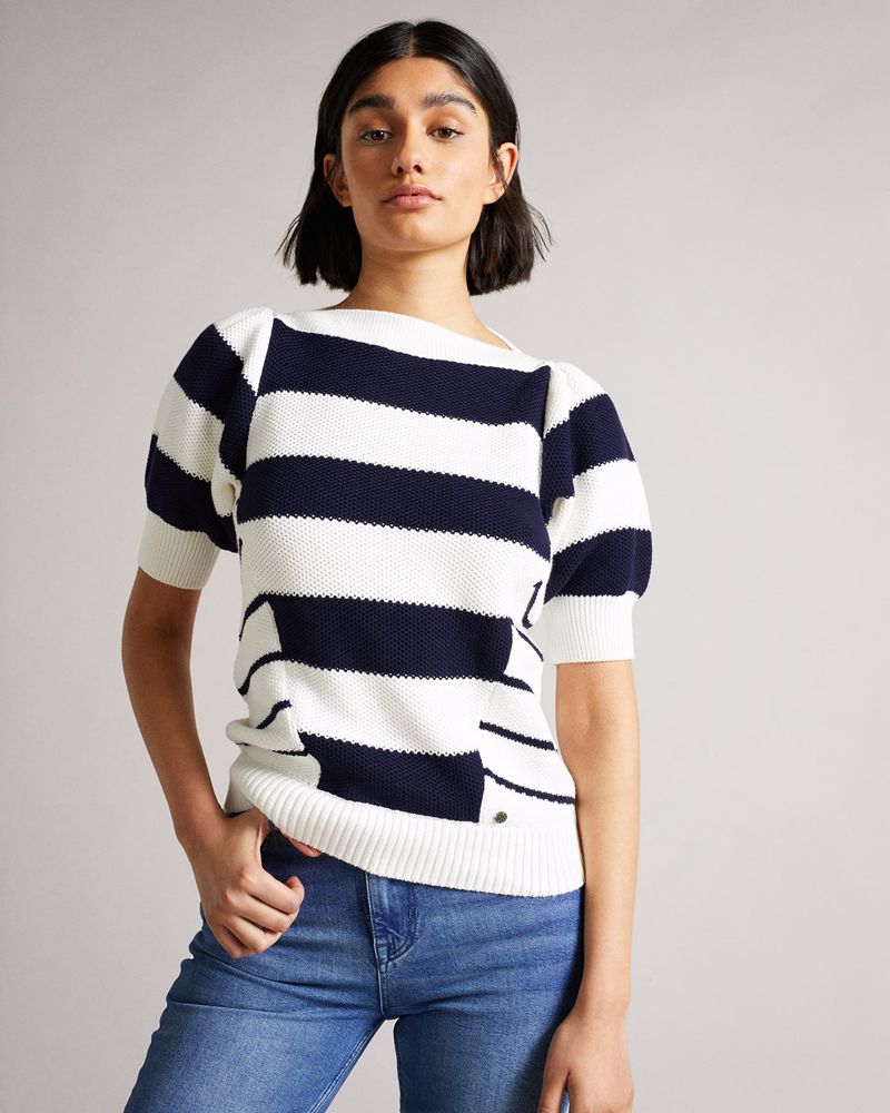 Ted Baker Nessy Striped Puff Sleeve Stickat Dam Vita | MCK-879612