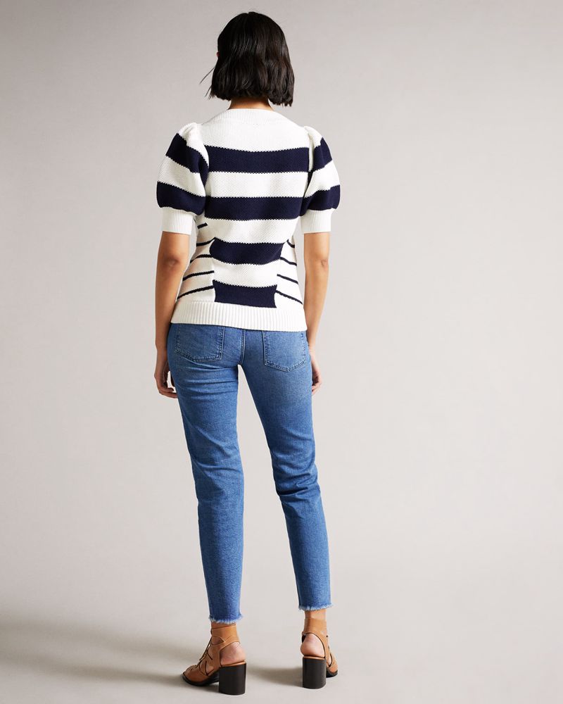 Ted Baker Nessy Striped Puff Sleeve Stickat Dam Vita | MCK-879612