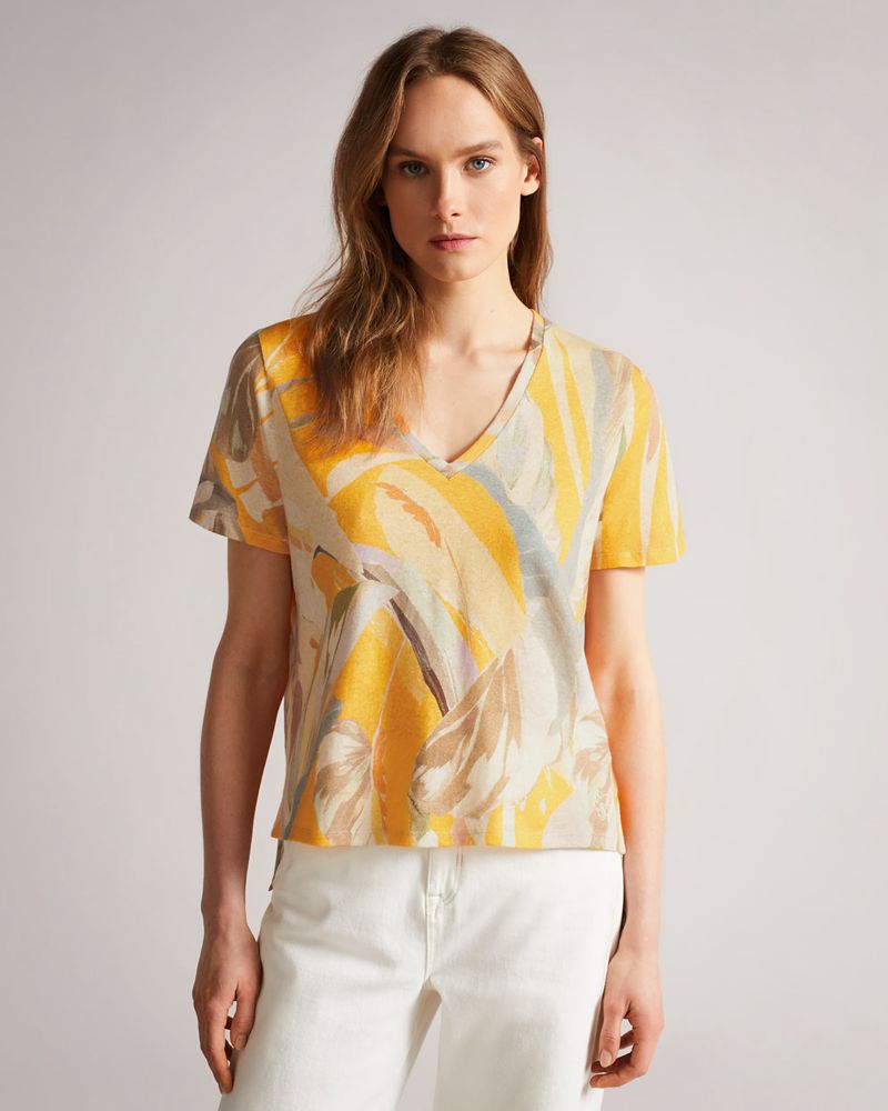 Ted Baker Pera V Neck Linen Printed Tee Blast Dam Orange | DHW-526941