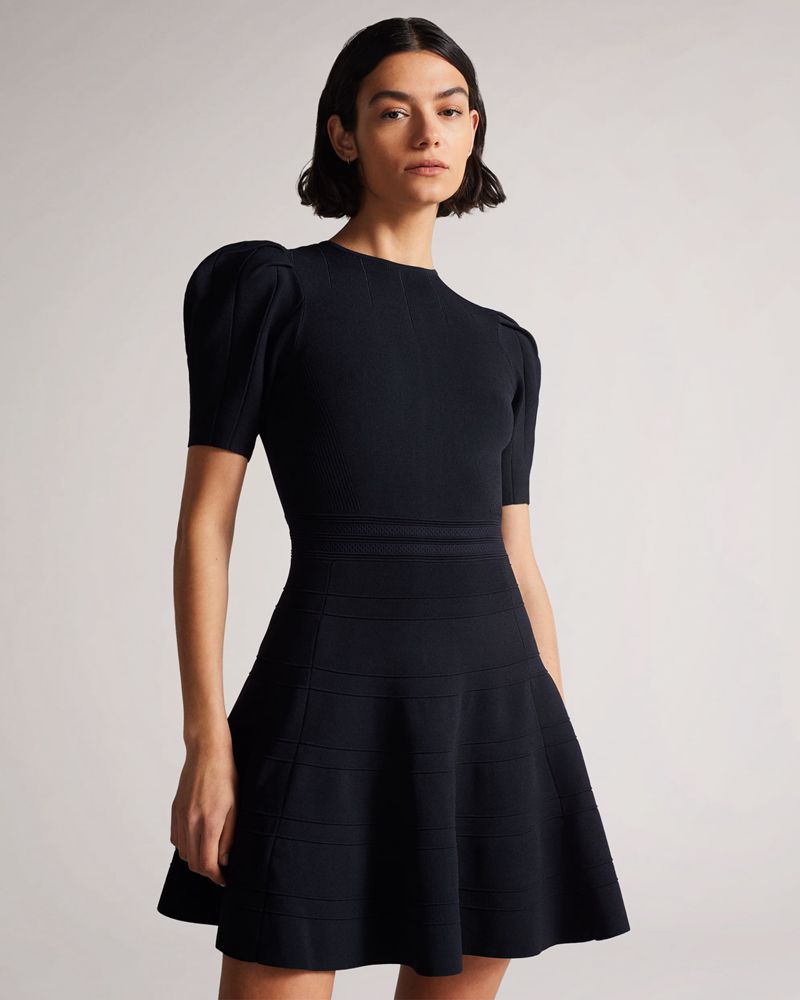 Ted Baker Velvey Puff Sleeve With Engineered Klänning Dam Svarta | ZRS-097316