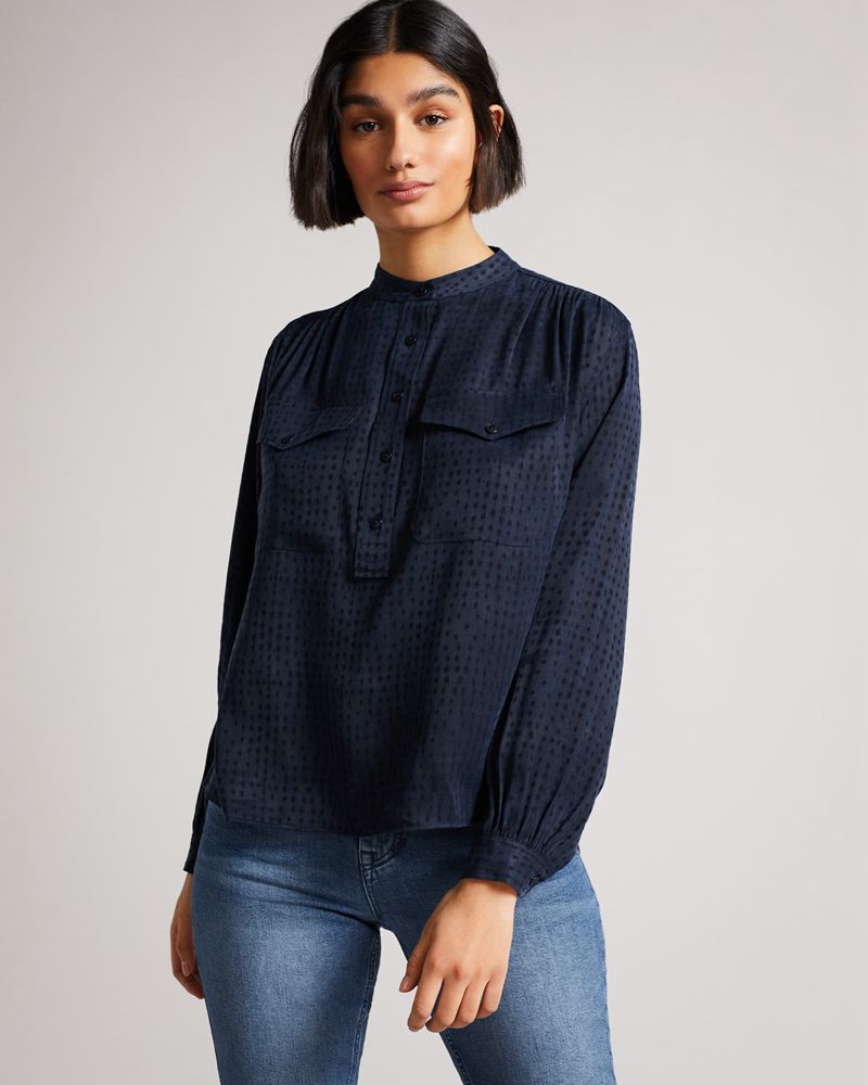 Ted Baker Agnez Grandad Collar Cupro Blouse Blast Dam Blå | FAQ-534862