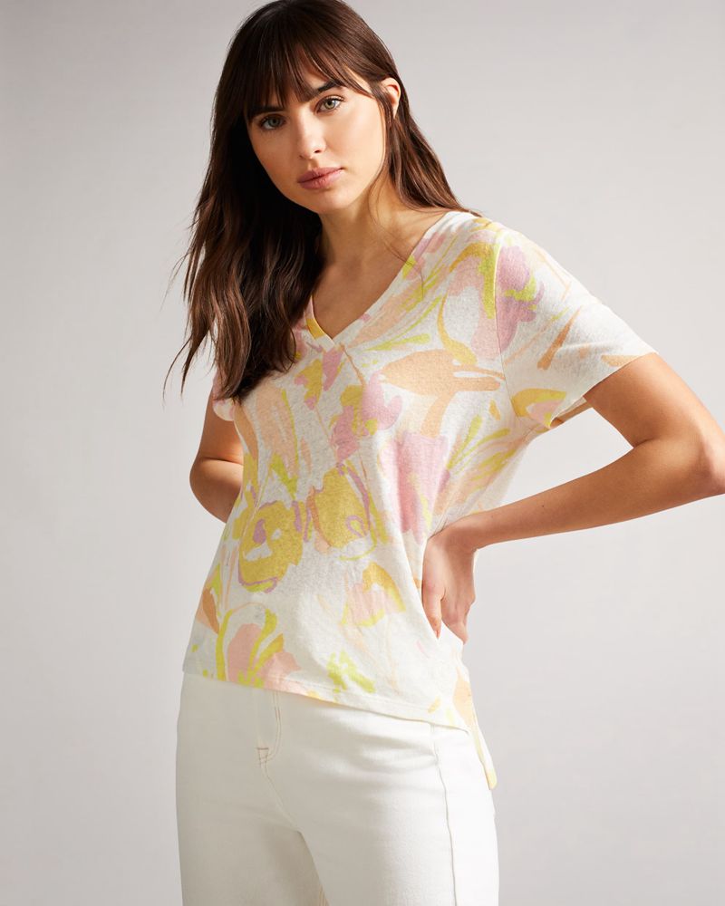 Ted Baker Ciana V Neck Printed Linen Blast Dam Vita | DLG-469180