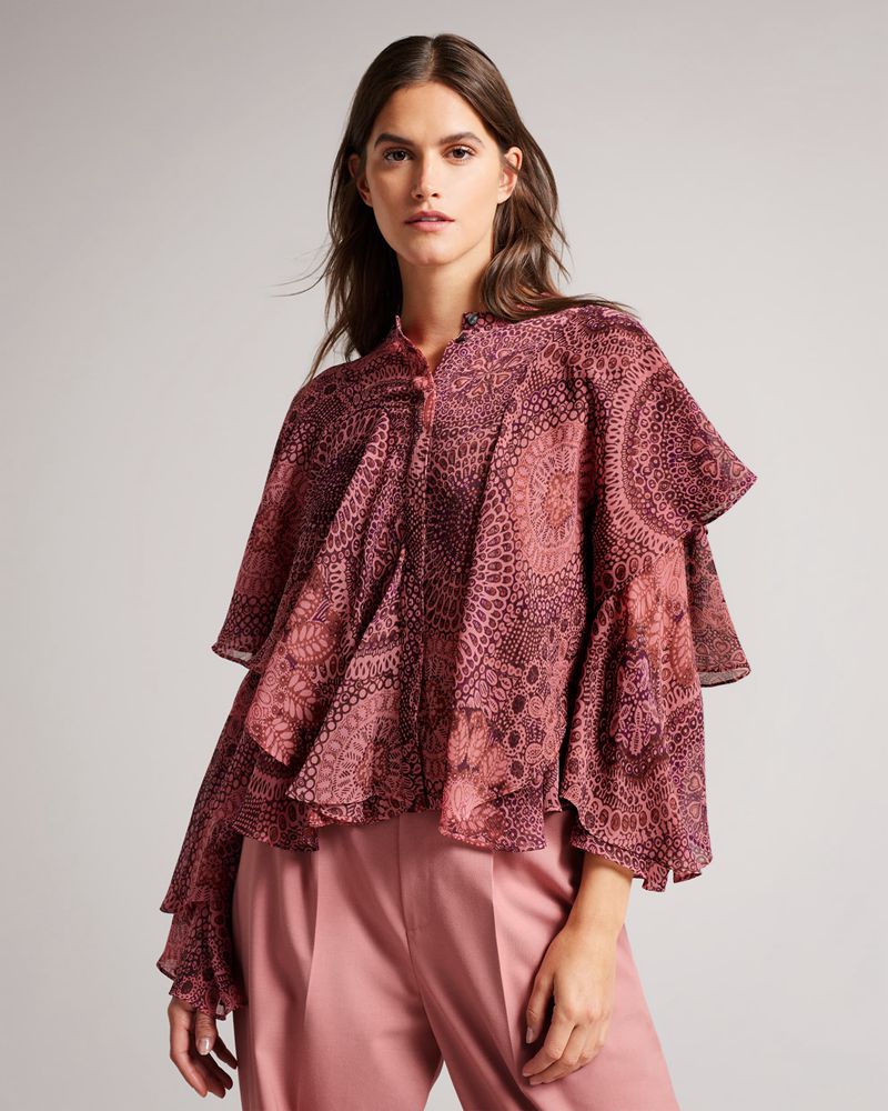 Ted Baker Isauna Printed Ruffle Blouse Blast Dam Röda | URX-310627