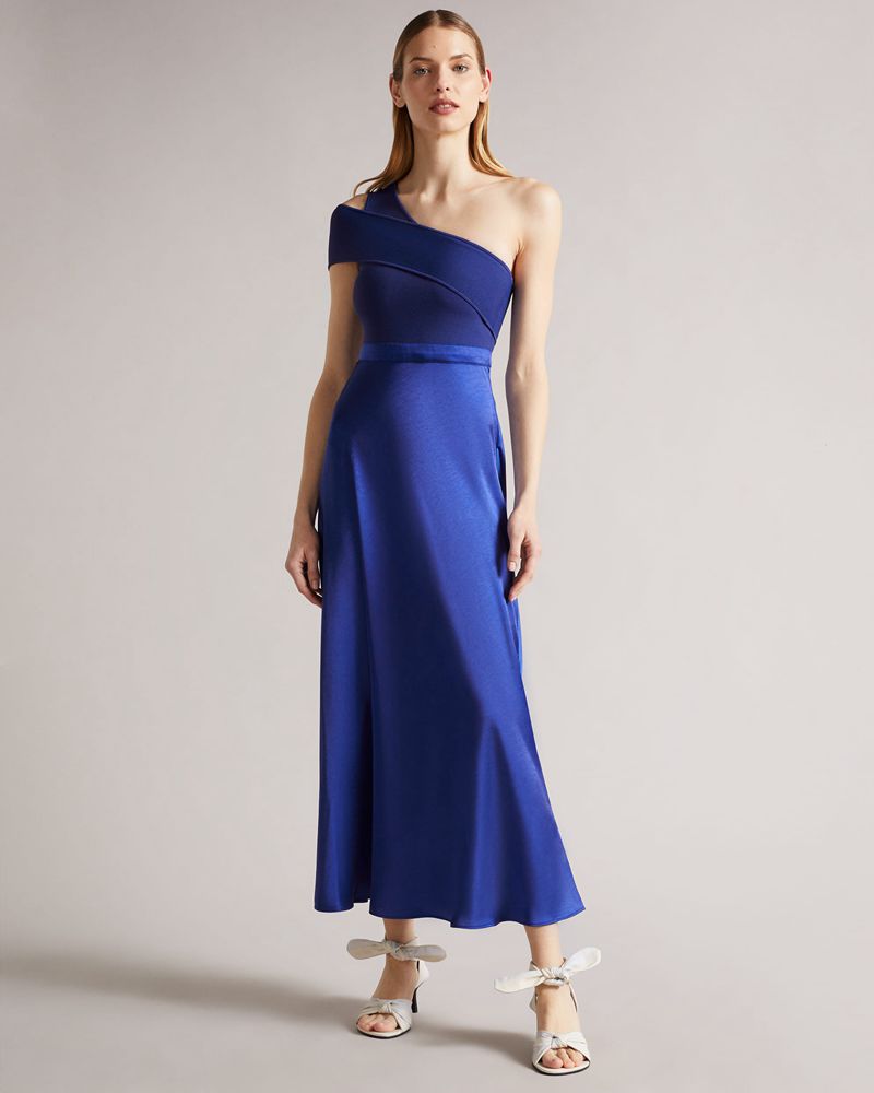 Ted Baker Ivena Asymmetric Knit Bodice With Satin Klänning Dam Blå | QHD-742315