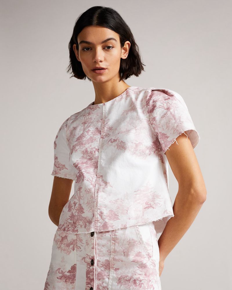 Ted Baker Jonett Cropped Denim T With Raw Edge Blast Dam Rosa | RKA-905438