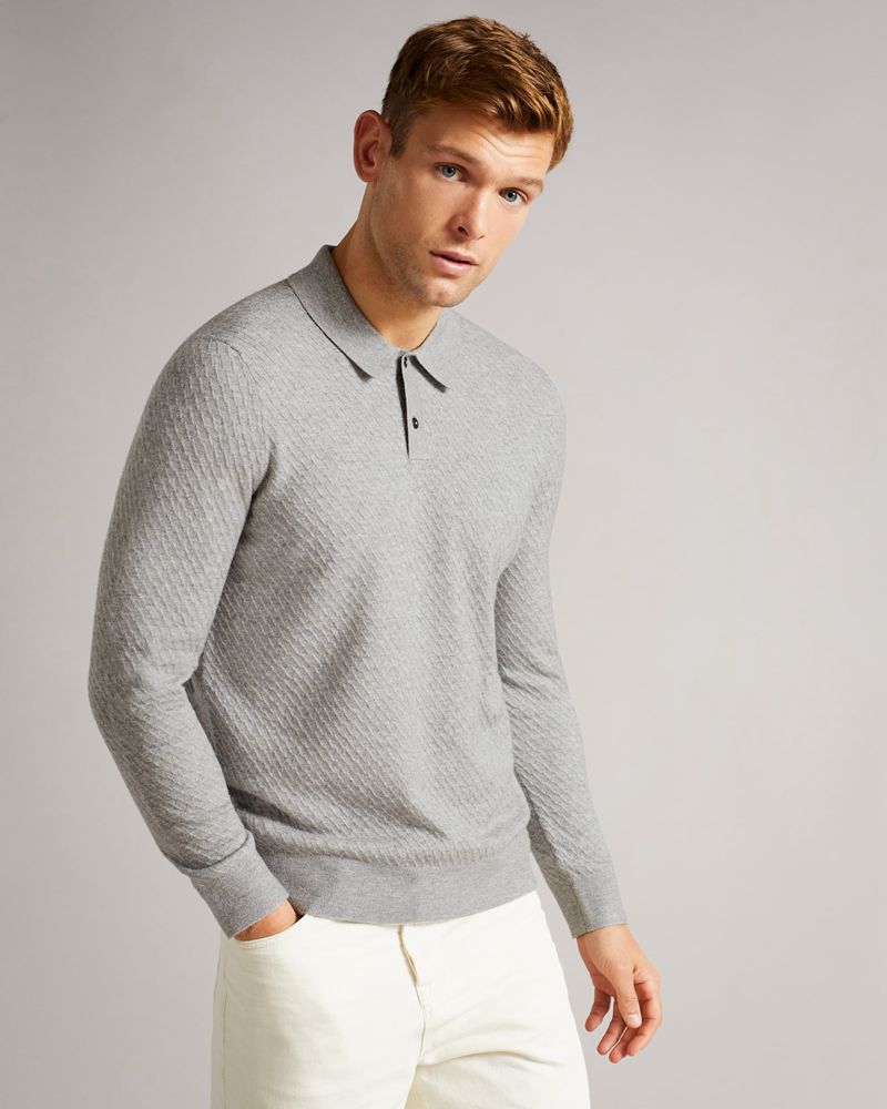 Ted Baker Nixan Ls Knitted Textured Polo Blast Herr Gray | TBX-107958