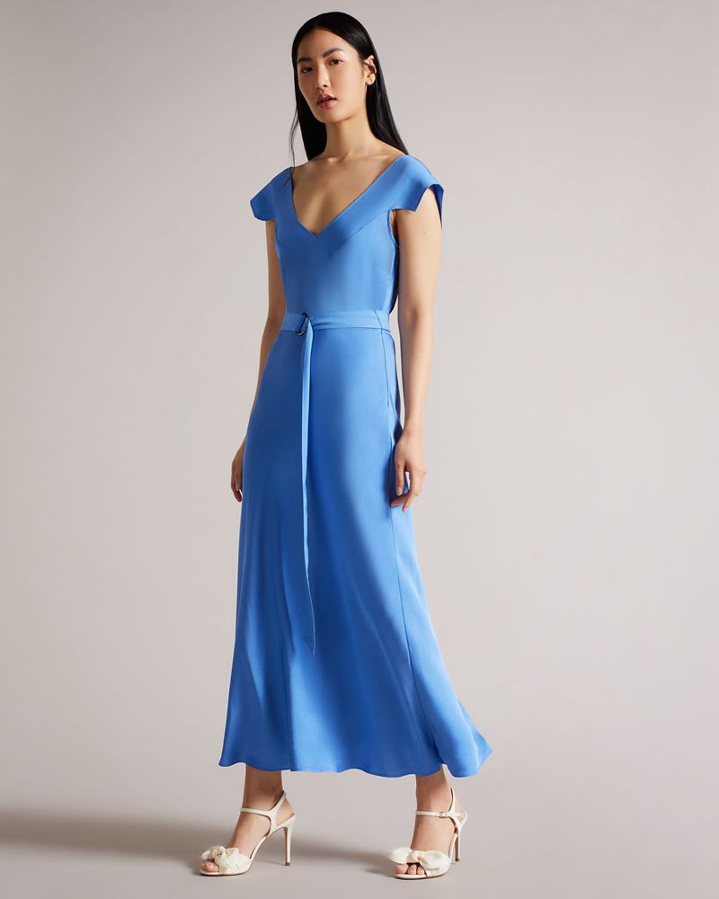 Ted Baker Noemi V Neck Bias Cut Midi Klänning Dam Blå | WGY-629578