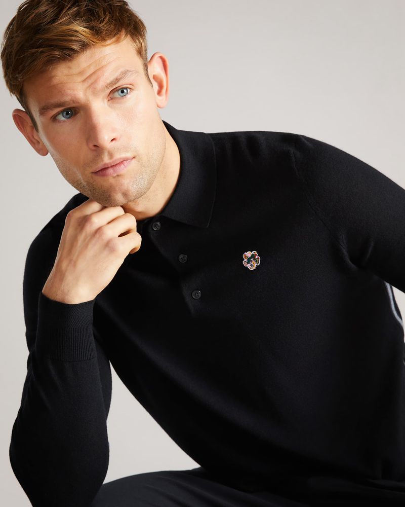 Ted Baker Wembley Merino Wool Long Sleeve Polo Blast Herr Svarta | EPQ-685732